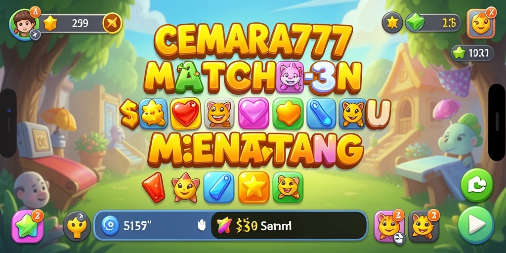 Screenshot utama CEMARA777 menampilkan gameplay Match-3 yang penuh warna dan menarik.