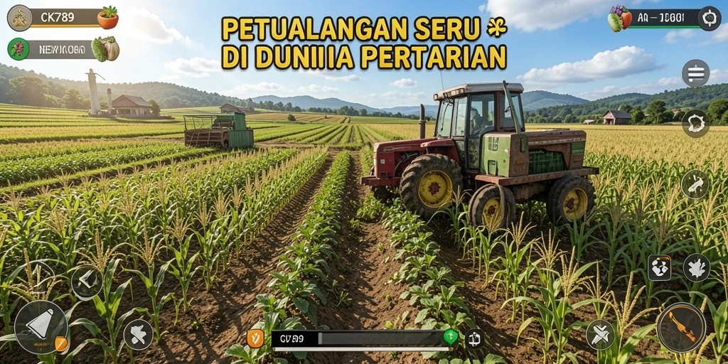 Screenshot gameplay CK789 yang menunjukkan kebun yang indah dan hewan ternak yang sehat.