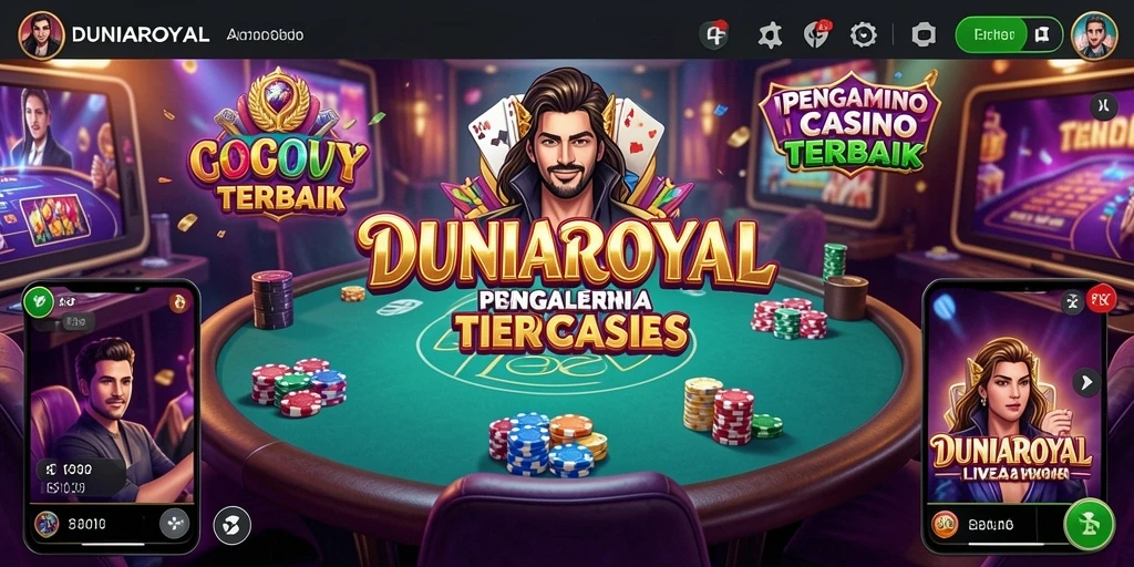 Screenshot gameplay DUNIAROYAL menampilkan dealer cantik dan permainan seru.