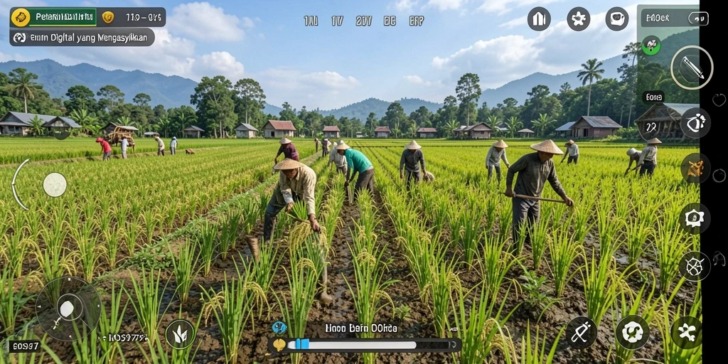 Tangkapan layar permainan EOS77 menampilkan kebun yang rimbun dan berwarna.