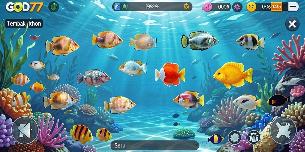 Screenshot gameplay dari GOD77 menunjukkan aksi Tembak Ikan yang menegangkan.