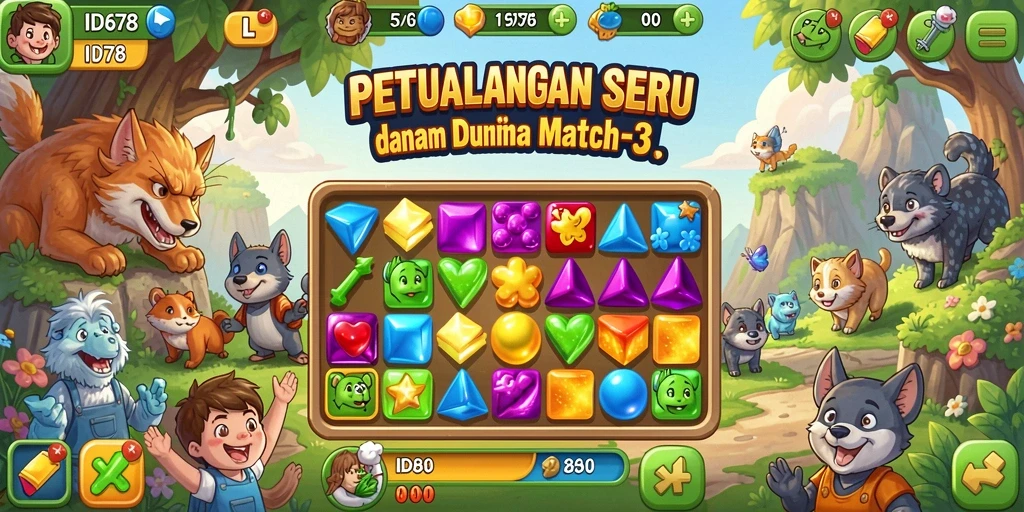 Screenshot gameplay ID678 yang menampilkan kombinasi warna-warni item Match-3.