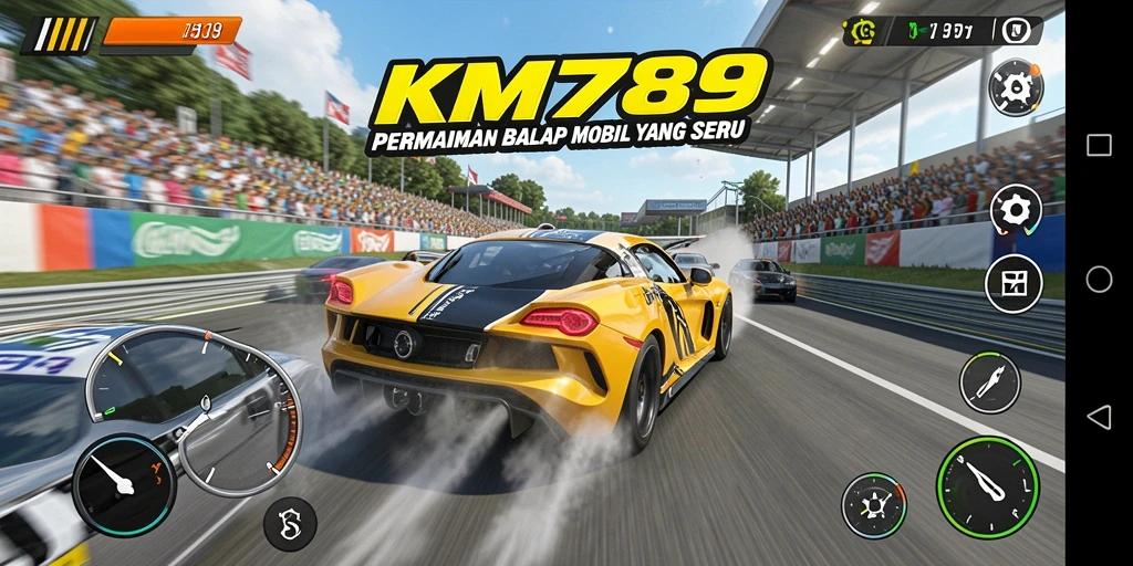 Gameplay KM789 menampilkan akselerasi mobil balap yang cepat dan mendebarkan.