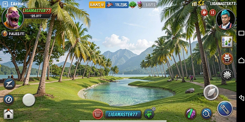 Screenshot gameplay LIGAMASTER77 menampilkan tampilan warna-warni dan desain yang menarik.