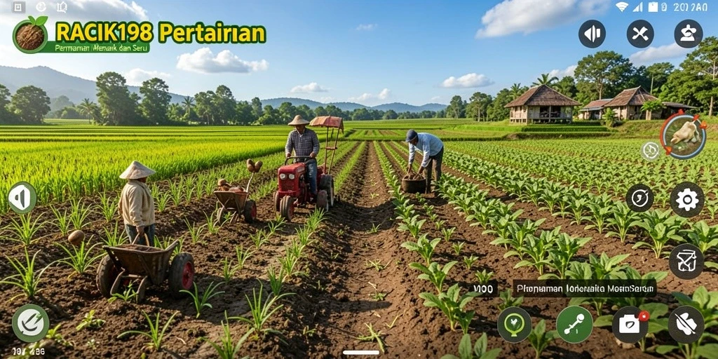 Tampilan gameplay RACIK198 dengan ladang yang subur dan petani yang sibuk.