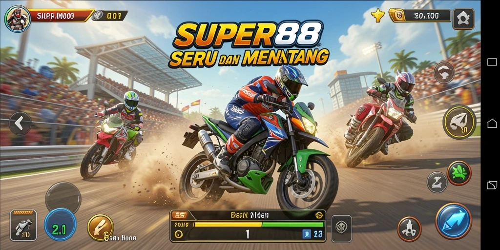Screenshot SUPER88 menampilkan aksi balapan motor yang menegangkan.
