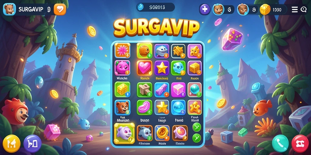 Tampilan gameplay <strong>SURGAVIP</strong> yang menarik dengan permata berwarna-warni.