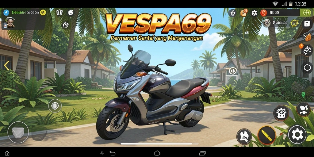 Tampilan screenshot menunjukkan gameplay seru VESPA69 dengan motor Vespa.
